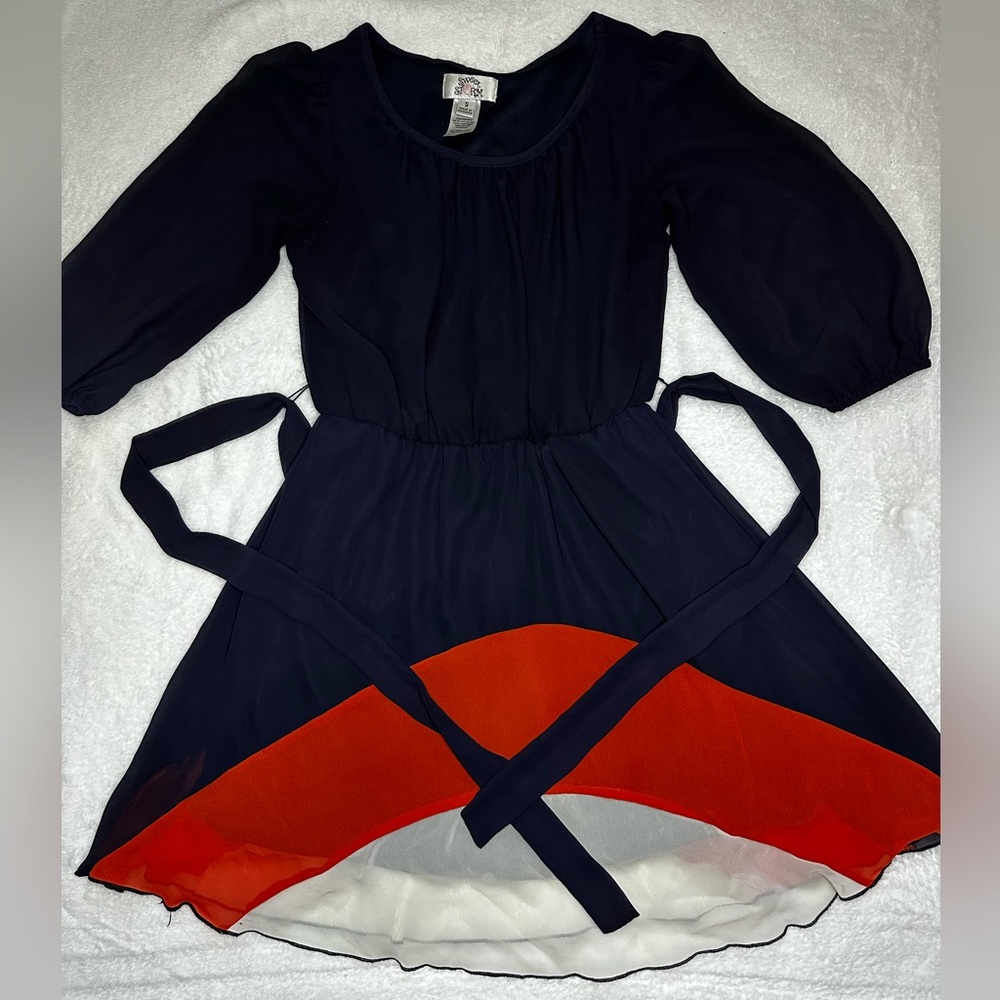 👗 SWEET STORM DRESS - Navy Blue/Orange 3/4 sleeve -Small